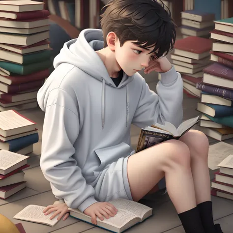 1boy reading on the ground in a pile of books full of books, Wearing a large white hoodie, Sitting on the floor,8K