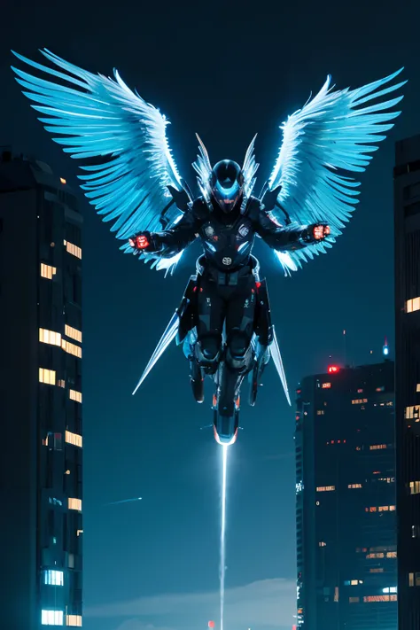 future-tech，Man with wings on his back，High-tech wings，Cyberpunk style，Mechanical wings，Spray blue flames，Fly in mid-air