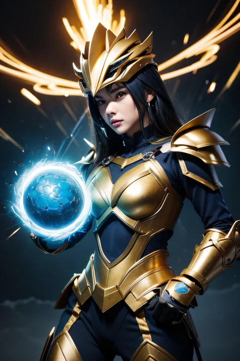 4K, masutepiece, hight resolution, absurderes,, Edge Thunderstruck, Woman in blue and gold armor ,Wearing an edge and a sanderstrack_armor, electrification, Wilding Thunder, Wearing a complex armor helmet、​masterpiece, top-quality, hightquality, hight reso...