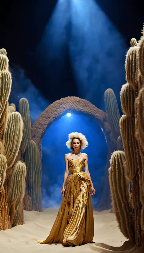 (photograph of a female model in sapphire blue and gold marine haute couture walking on a t-shaped stage covered with sand reefs...