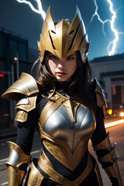 4K, masutepiece, hight resolution, absurderes,, Edge Thunderstruck, Woman in black and gold armor ,Wearing Edge and Thunder Tracks_armor, electrification, Wilding Thunder, Wearing an intricate armor helmet、​masterpiece, top-quality, hightquality, hight res...