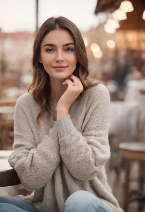 Beautiful woman wearing light grey long knit sweater covering her hands, One hand on your knee、He looks at the camera with his other hand under his chin and a smile, Wearing jeans, Sitting in a coffee shop, golden glow, Blurred background, Bokeh, 50mm 1.2,...