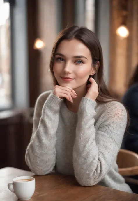 Beautiful woman wearing light grey long knit sweater covering her hands, One hand on your knee、He looks at the camera with his other hand under his chin and a smile, Wearing jeans, Sitting in a coffee shop, golden glow, Blurred background, Bokeh, 50mm 1.2,...