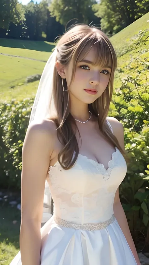 A girl,16 year old,european countryside,blonde,bangs bangs,pretty face,wedding dress,thick muscular arms