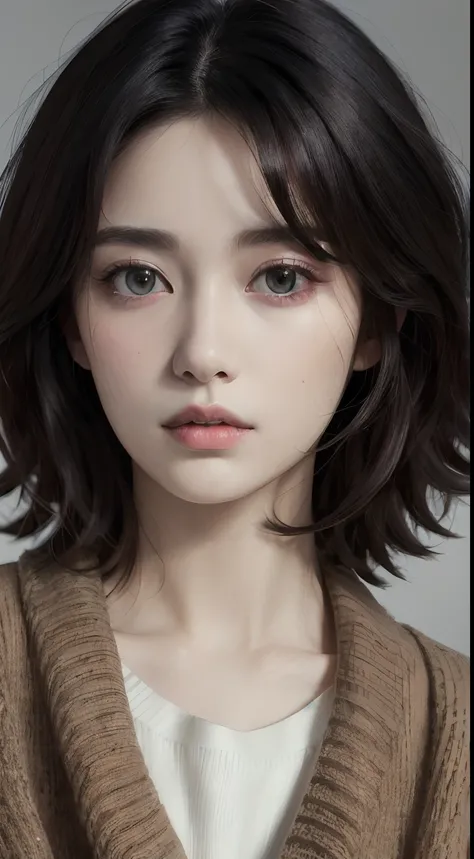 (masuter piece:1.3)、(8k、Photorealsitic、RAW Photography、top-quality: 1.4)、(1girl)、beautiful countenance、(lifelike face)、(A dark-haired、short-hair:1.3)、Beautiful hairstyle、realisticeyes、Beautiful details、（real looking skin）、Beautiful skins、（Oversized cardiga...