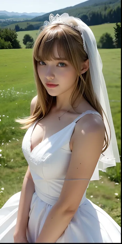 A girl,16 year old,european countryside,blonde,bangs bangs,pretty face,wedding dress,thick muscular arms