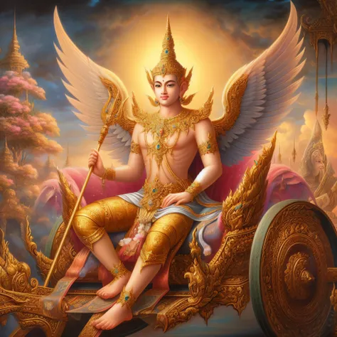 a painting of a man sitting on a chariot with a winged figure, attractive male deity, vishnu, the god emperor of mankind, thailand art, indian god, samsara, nivanh chanthara, portrait of a heavenly god, divine goddess, divine god, sitting on golden throne,...