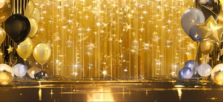 Close-up of the stage with balloons and streamers, Stars sparkle in the background, ballroom background, golden heavenly lights, gold background, gold raining in the background, Golden background, Shiny gold background, gold ethereal light, dourados cintil...