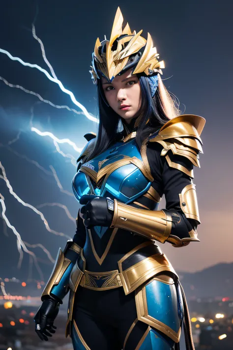 4K, masutepiece, hight resolution, absurderes,, Edge Thunderstruck, (Woman in metal blue and gold armor) ,Wearing Edge and Thunder Tracks_armor, electrification, Wilding Thunder, Wearing an intricate armor helmet、​masterpiece, top-quality, hightquality, hi...