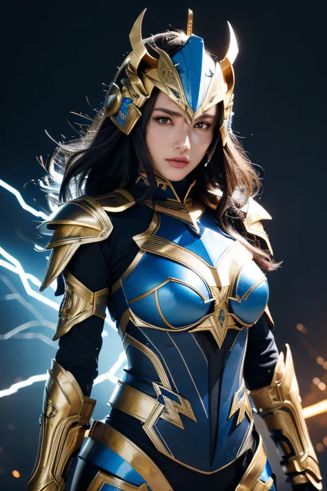 4K, masutepiece, hight resolution, absurderes,, Edge Thunderstruck, (Beautiful woman in metal blue and gold armor) , Extraordinary beauty, Wearing Edge and Thunder Tracks_armor, electrification, (Wilding Thunder, Wearing an intricate armor helmet、​masterpi...