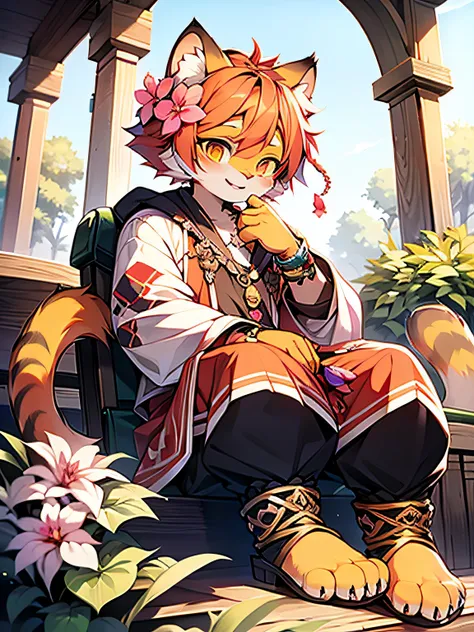 tiger ears, tiger girl, tiger tail, hair flower, hair adornments, orange eyes, orange hair, short hair, tail,   pink jk costumes