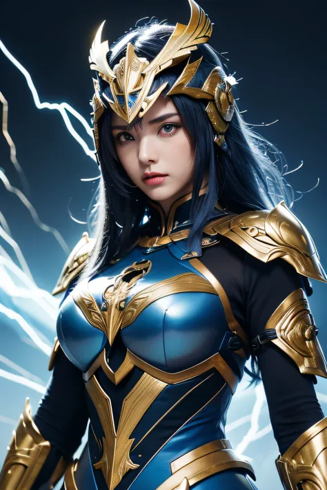 4K, masutepiece, hight resolution, absurderes,, Edge Thunderstruck, (Beautiful woman in metal blue and gold armor) , Extraordinary beauty, Wearing Edge and Thunder Tracks_armor, electrification, (Wilding Thunder, Wearing an intricate armor helmet、​masterpi...