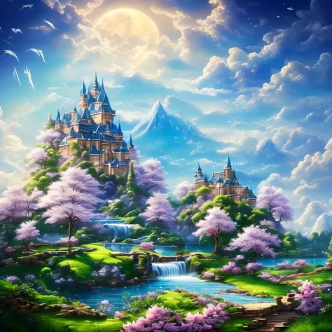 ​masterpiece、hightquality、realistic、landscape shot、life-like、a detailed、like the photo、castle shining in the sky、castle of the g...