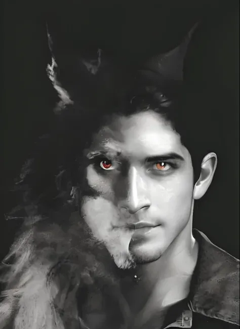 (melhor qualidade, preto e branco, alto contraste: 1.2), retrato detalhado de Tyler Posey como meio homem meio lobo, olhos de lobo vermelhos intensos e brilhantes, transformando-se em um lobisomem, Ultra-detailed half-lobe transformation, Strong chin and f...