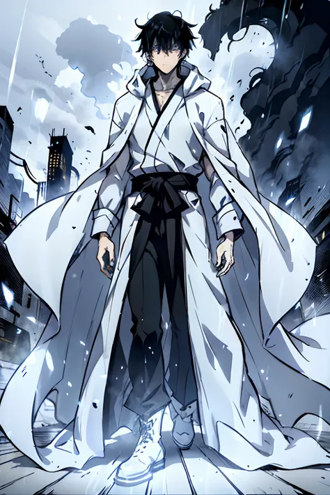 Toji Fushigoro, Fushigoro, Toji, Fushigoro Toji, long black hair, messy hair, glowing blue eyes, wearing a long white robe covering his full body, white trench coat, white gloves, white boots, white hood lowered, menacing, intimidating, young 20s, one man,...