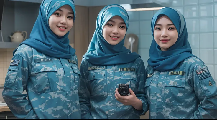 4 beautiful malay girl in hijab taking picture in modern kitchen, wear bright blue digital camouflage military uniform, bright blue military uniform, army cadet, blue digital camouflage, friendly and laughing situation, laughing, happy, detailed skin textu...