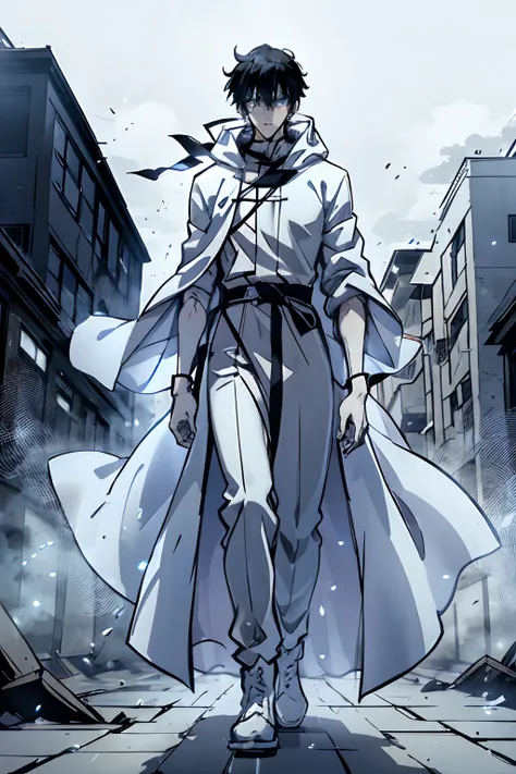 Toji Fushigoro, Fushigoro, Toji, Fushigoro Toji, long black hair, messy hair, glowing blue eyes, wearing a long white robe covering his full body, white trench coat, white gloves, white boots, white hood lowered, menacing, intimidating, young 20s, one man,...