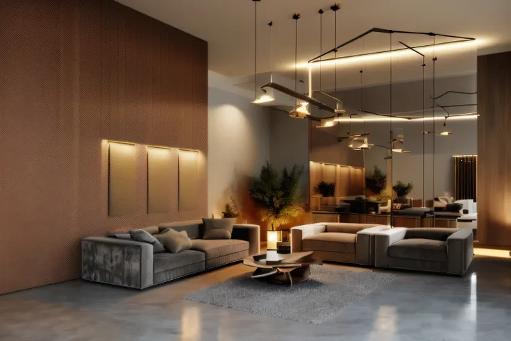 living room, minimum, lights, lighting, max 3d rendering, warm tone