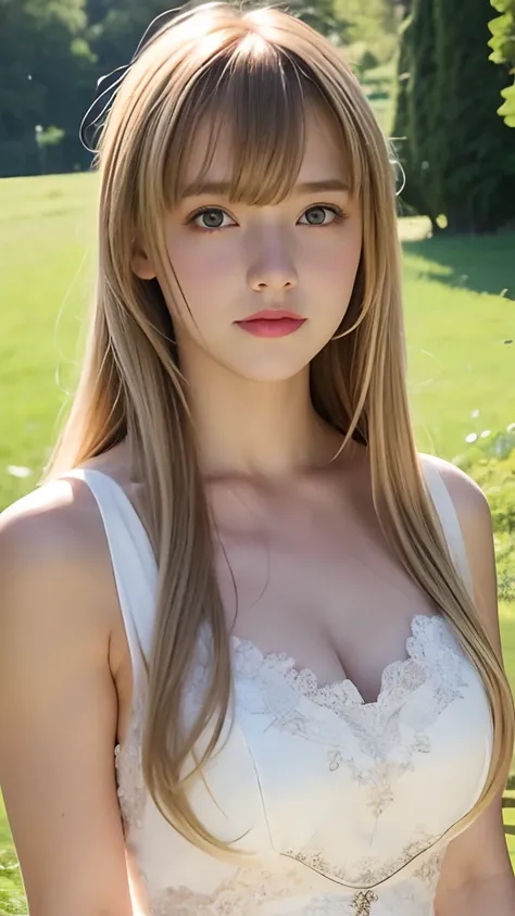 A girl,16 year old,european countryside,blonde,bangs bangs,pretty face,wedding dress,thick muscular arms