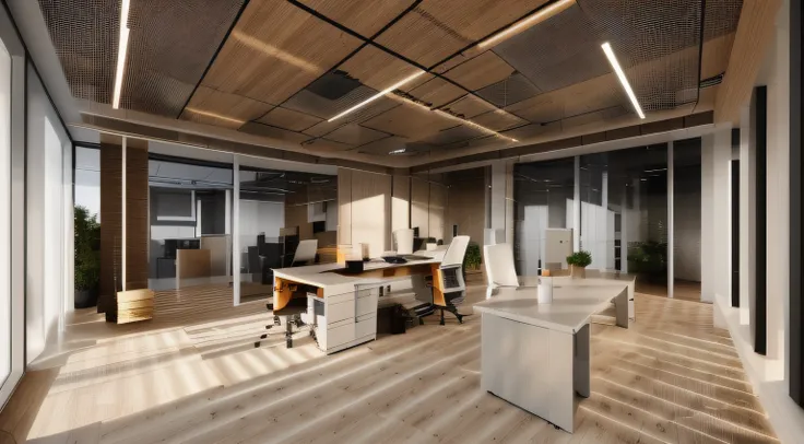 office, minimalism style, wooden floor, glass, led lights on the ceiling, 3d render, photo graphic