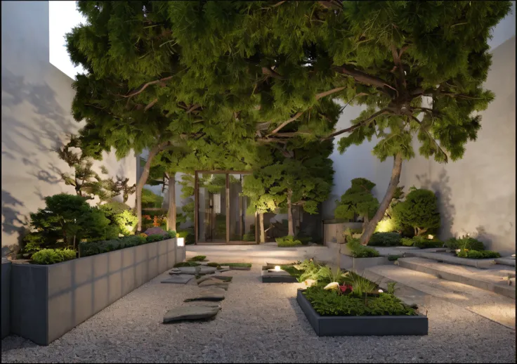 A small garden on the terrace of a townhouse, Japanese style garden, warm daylight. The garden has grass and Japanese stone lamps, with gravel paths, realistic, 3d render