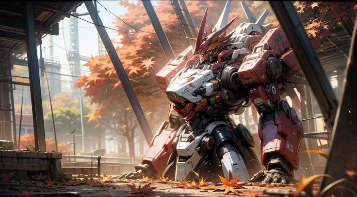 ((autumnal))，ultra-wide-angle，the mech stands on the ground