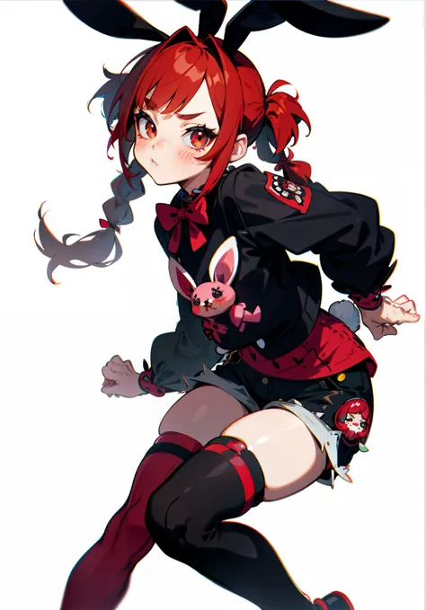 1GIRL, cute girl, finely detailed, (best quality), (intricate details), cute style, loli, rabbit girl style, multicolored, ((short red hair in pigtails)), best quality, ((rabbit ears)), ((rabbit tail)), ((long sleeve shirt and shorts)), ((red and black clo...