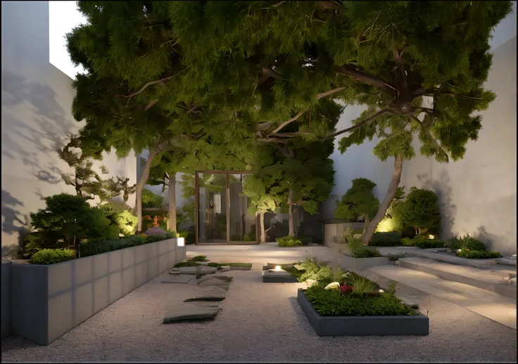 A small garden on the terrace of a townhouse, Japanese style garden, warm daylight. The garden has grass and Japanese stone lamps, with gravel paths, realistic, 3d render