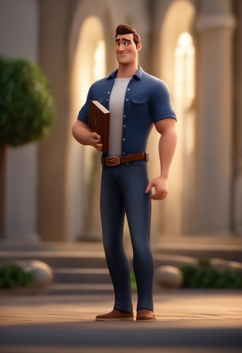 Personagem de desenho animado de um homem uma camisa polo preta, calsa jeans, with a Bible in His hand, um personagem animado, Caractere estilizado, animation style rendering, 3D estilizado, Arnold Maya render, 3 d render stylized, toon render keyshot, Per...