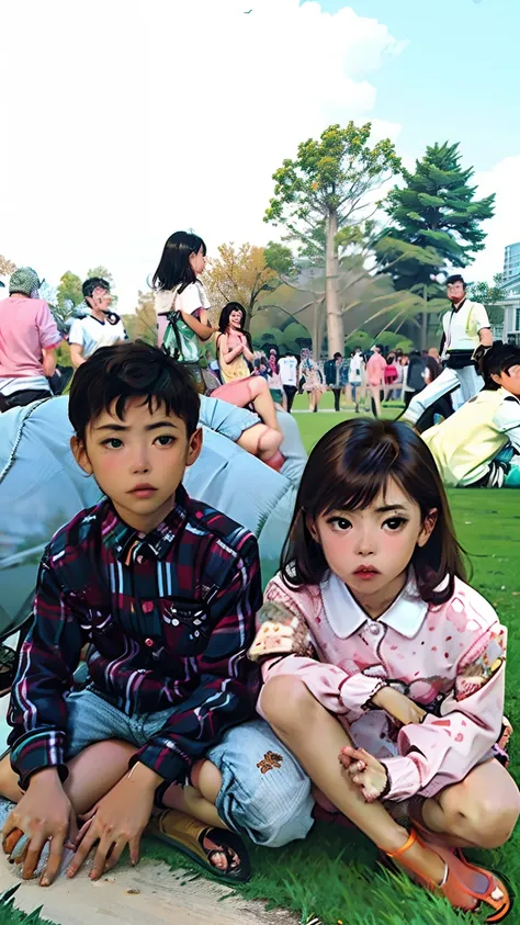 there are two children sitting on the grass in the park, they are very serious, very very low quality picture, very clear picture, children, at a park, with a kid, a picture, with a park in the background, background blur, serious expression, with a park i...