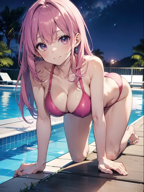 The ultra -The high-definition、high-level image quality、top-quality、Full feet and hands、complete fingers、Beautuful Women、1 persons、ssmile、Pink swimsuit、sprawl、all-fours、Night Pool