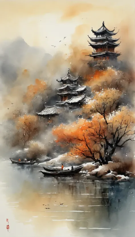 Snow view of pagodas and boats in the lake, Chinese watercolor style, Chinese style painting, Chinese painting style, landscape artwork, inspired by Li Keran, by Yang J, inspired by Shen Shichong, Traditional Chinese watercolor, A beautiful artwork illustr...