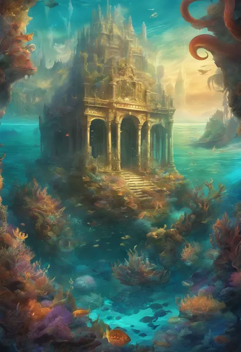 (ultra-detailed, best quality, HDR:1.2), underwater kingdom, majestic king of the sea, powerful trident, shimmering scales, graceful mermaids, mythical creatures, vibrant coral reefs, mysterious shipwrecks, mesmerizing sea colors, ethereal lighting, enchan...