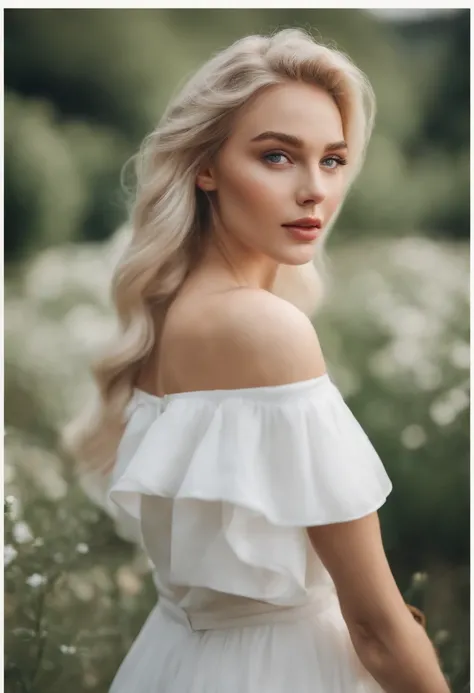 Realistic white Instagram influencer, best quality, Blond, 女の子1人, blaue Augen, in white, enger, kurzes Kleid