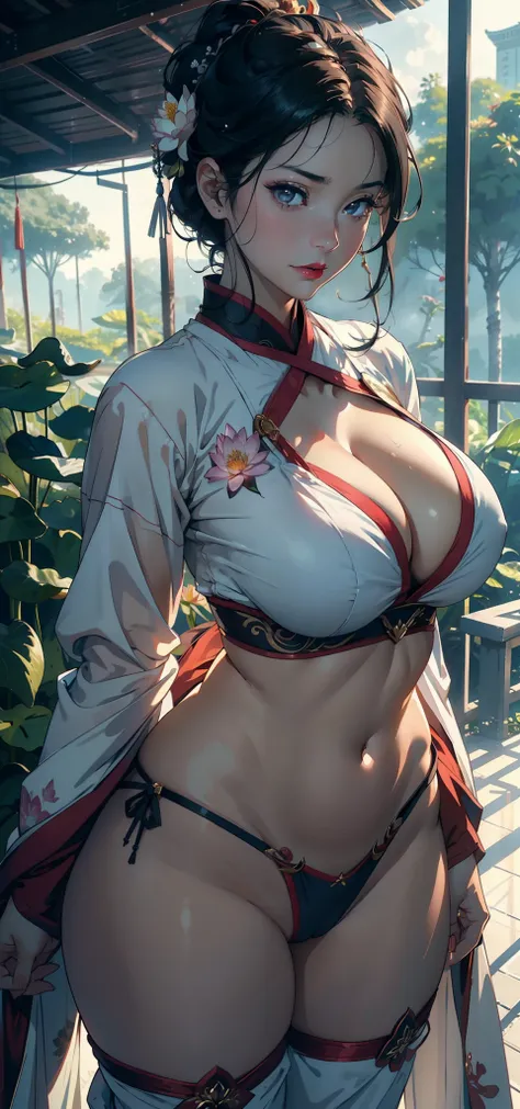 1female，45 yers old，A MILF，熟妇，mature，extremely large bosom，huge tit， A sagging breast，独奏，（Background with：hospitals，the rainforest，lotus flower，Sateen） She has short black hair，bobo head，，seen from the front， standing in forest， mostly cloudy sky，（（（tmaste...