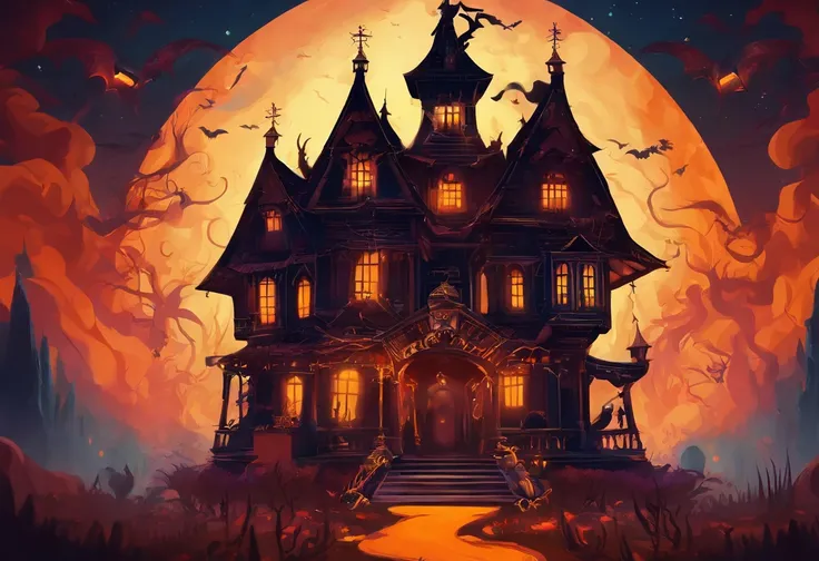 Halloween Night，Ghost Monster Ancient House Win M9 Bayonet Gamma Doppler，The style is Valorant（Intrepid Covenant），The combination of two-dimensional and realism，The scene pays attention to the atmosphere of light and shadow and the sense of space，Ghosts、Th...