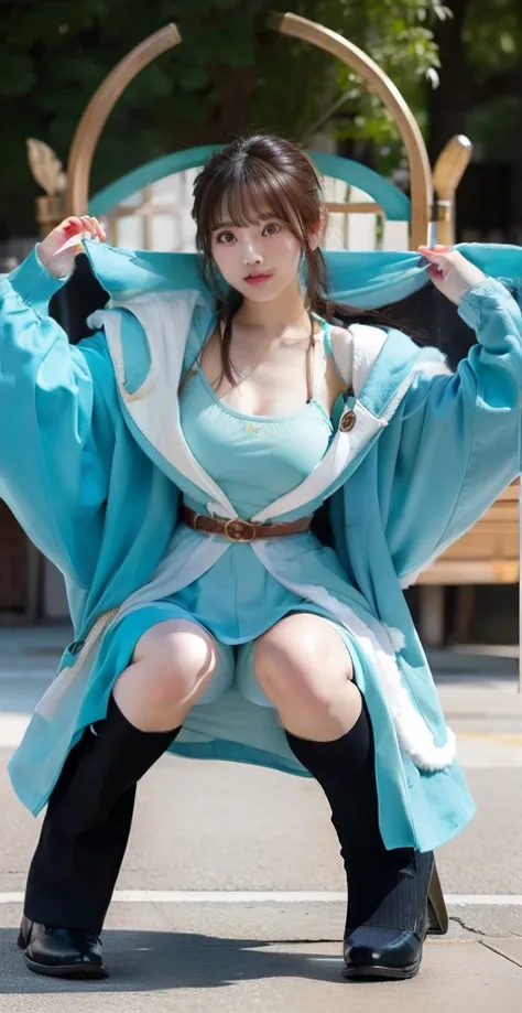 Cute look、infp young woman、large full breasts、beautiful foot、、、Good Style、Tops、a miniskirt、Turquoise Blue Jacket、cloaks