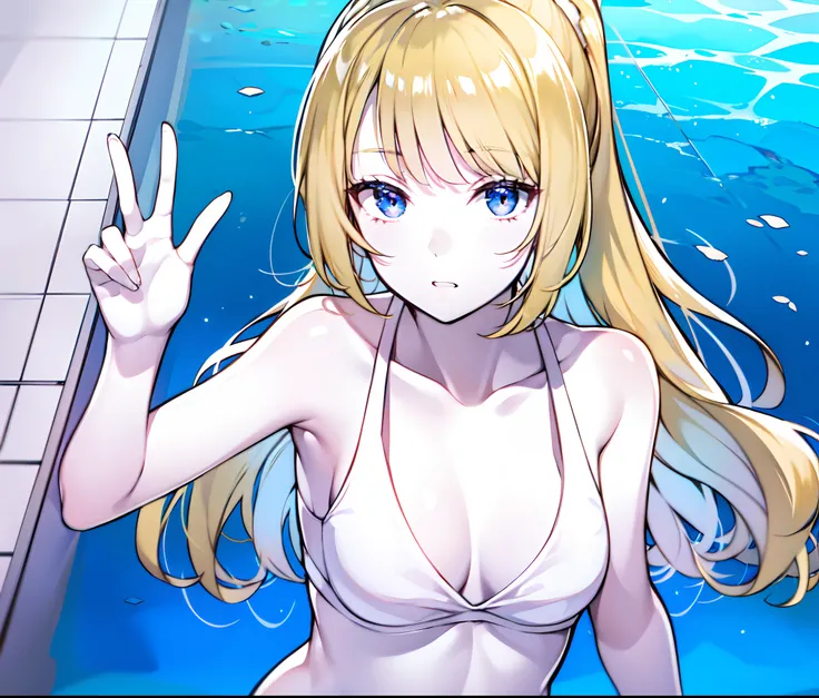 (masterpiece:1.2), (pale skin:1.2), (solo:1.2), (female:1.1), (emphasis lines:1.3), pool, blonde, ponytail, collarbone, blue eyes