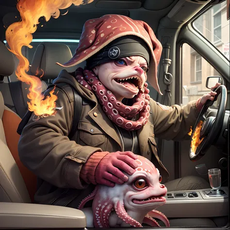 an octopus wearing an eye patch, in a car, hands on the steering wheel, looks angry, fire outside, high quality, high detail, 8k --auto --s2