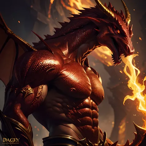 fantasy,male,sexy,scalie,red,illustration,detailed character,romantic,powerful presence,dark background,golden lighting,best quality,ultra-detailed,vivid colors,dragon-like features,seductive smirk,sharp jawline,wisps of fiery hair,glowing amber eyes,scale...