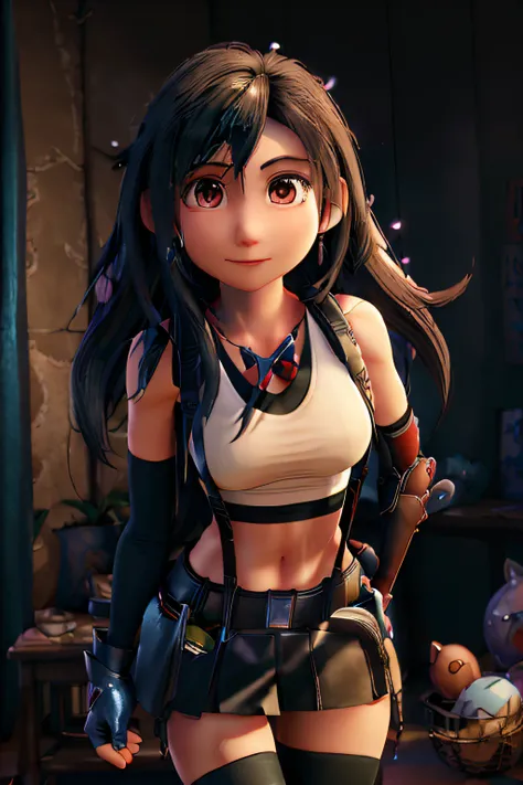 (8K、Top image quality、​masterpiece:1.2)、(reallistic、Photorealsitic:1.37)、ultra-detailliert、1 girl in、cute little、独奏、(tifa lockhart)、(tiny chest)、(beautidful eyes)、(a smile:1.2)、(Closed)、erotic posing、dance、neons、A city scape、depth of fields、Dark and strong...