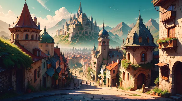 ((fantasy-medieval theme)), fantasy-medieval large-metropolitan fortified city, semi-tropical, mountains in the background, 1 high towering and long fantasy-medieval castle-palace standing at the top of the rocky-green hill in the middle of the city, fanta...