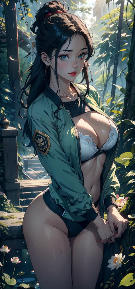 1female，45 yers old，Married Woman，熟妇，mature，plumw，extremely large bosom，Big breasts Thin waist，long leges， 独奏，（Background with：Deep in the forest，Cherry blossom forest，ponds，lotus flower）Stand on the grass，Open your legs， She has long black hair，bobo head，...