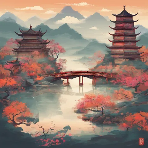 Chinese landscape painting，mandala pattern