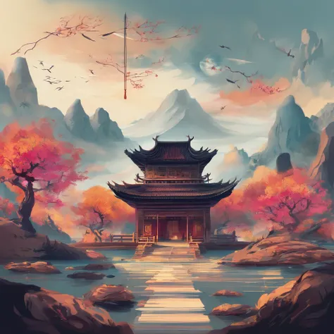 Chinese landscape painting，mandala pattern