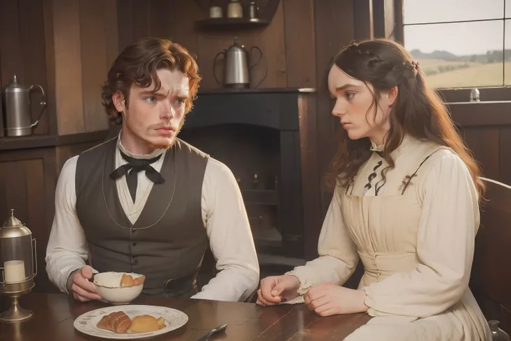 year: 1862. Location: Rock Island, Illinous. Pre-Raphaelite (((44-year-old Richard Madden))), ((overweigth)), salt and pepper hair, with Dakota Fanning, kitchen, ((sad, worried look)), ((((rural Clothing from the 1860s)))) ((Hairstyle of the 1860s)), ((("O...