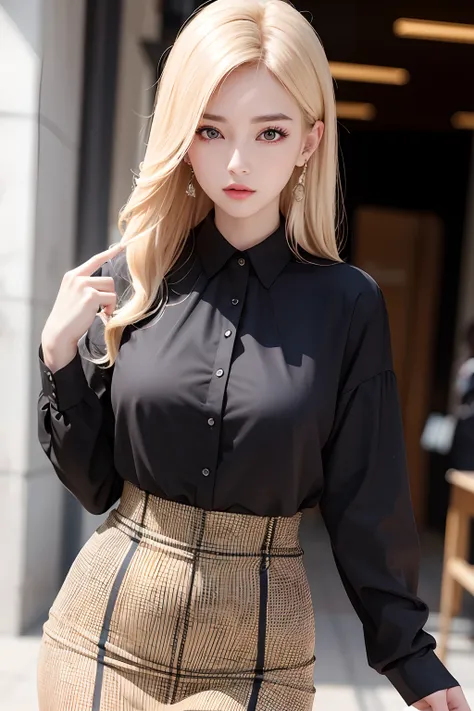 Western women、fashion modell、wear shirt、Glamour、Paparazzi take pictures of her、blonde  hair、Brown-eyed、8K、hightquality、masutepiece、top-quality、hard disk、ighly detailed、voluminous lighting、Photorealsitic