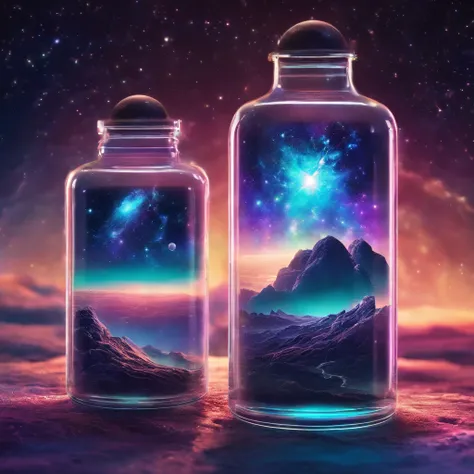 In a glass bottle, floating in the universe, there is a cosmic starry sky. (best quality, highres, masterpiece:1.2), ultra-detailed, (realistic:1.37), portraits, landscape, concept artists, surreal detail, vibrant colors, bokeh, mystic lighting