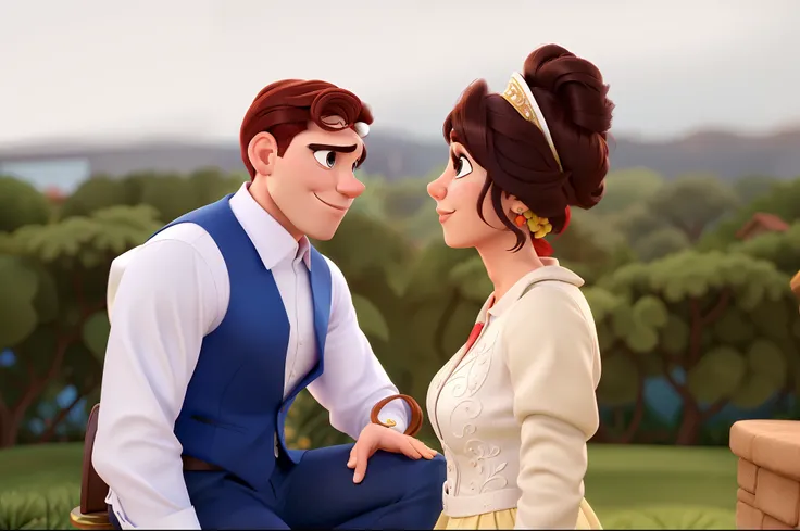 Casal (homem moreno e mulher branca) no estilo Disney Pixar, alta qualidade, melhor qualidade.