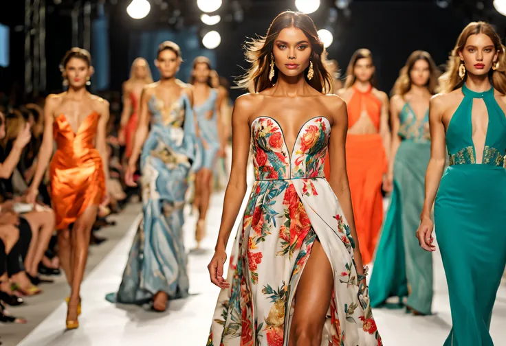 A glamorous fashion show, with a runway stretching as far as the eye can see, (best quality, 4k, highres, masterpiece:1.2) showcasing an array of stunning outfits. The models are walking confidently, flaunting their meticulously designed clothing, each wit...